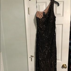 Long Black Sequin One Shoulder Gown